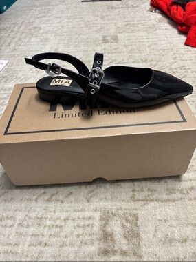 MIA Black Patent Pointed Slingback Mule with Buckle Detail